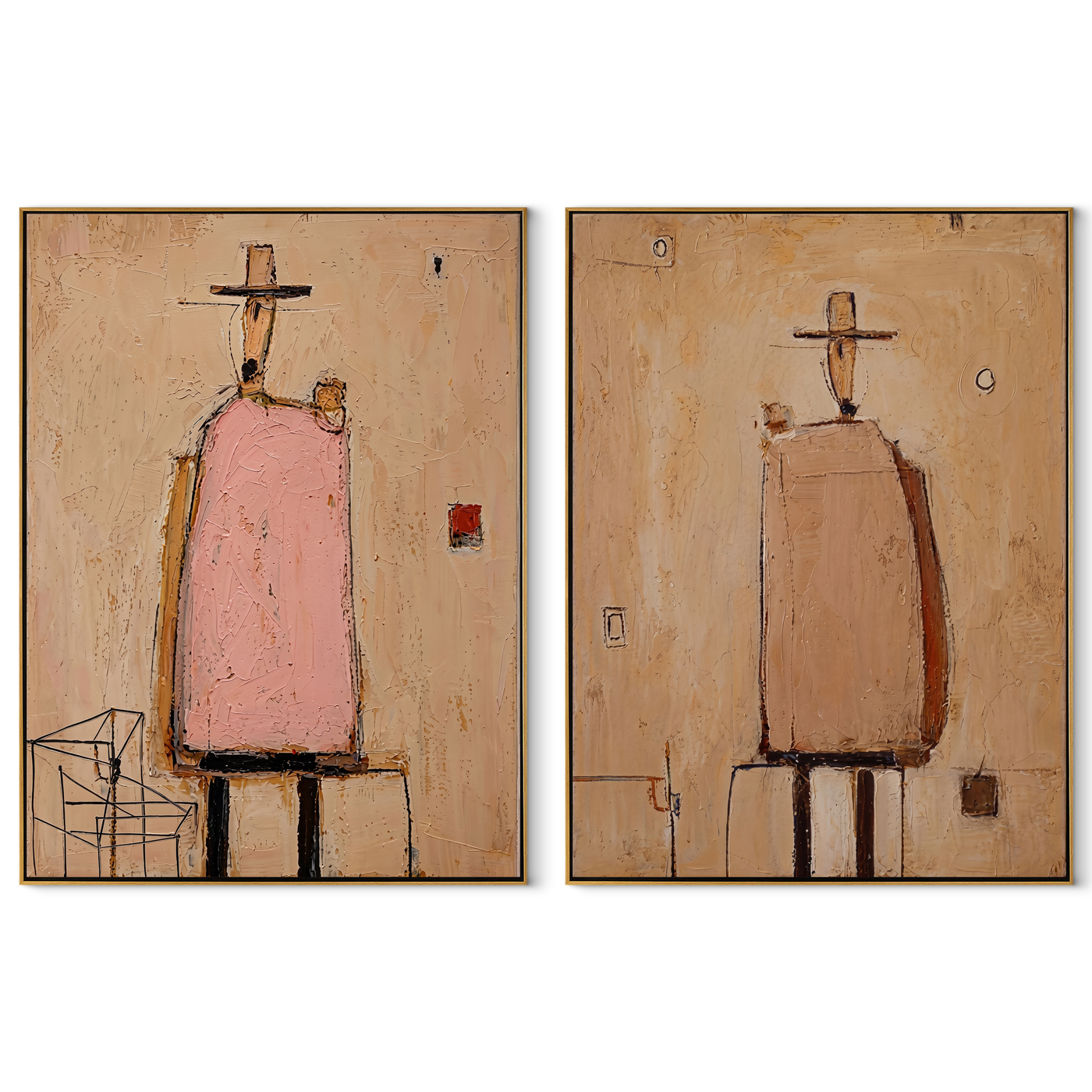 Chairs Hold Pink Silence - abstract seated figures by Elliot Vale, modern figurative set of 2 wall art - complete two-panel artwork set on white background