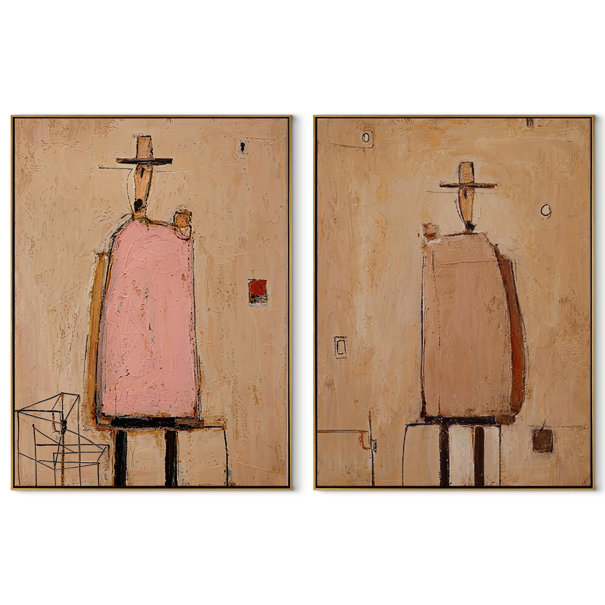 Chairs Hold Pink Silence - abstract seated figures by Elliot Vale, modern figurative set of 2 wall art - complete two-panel artwork set on white background