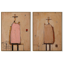 Chairs Hold Pink Silence - abstract seated figures by Elliot Vale, modern figurative set of 2 wall art - complete two-panel artwork set on white background