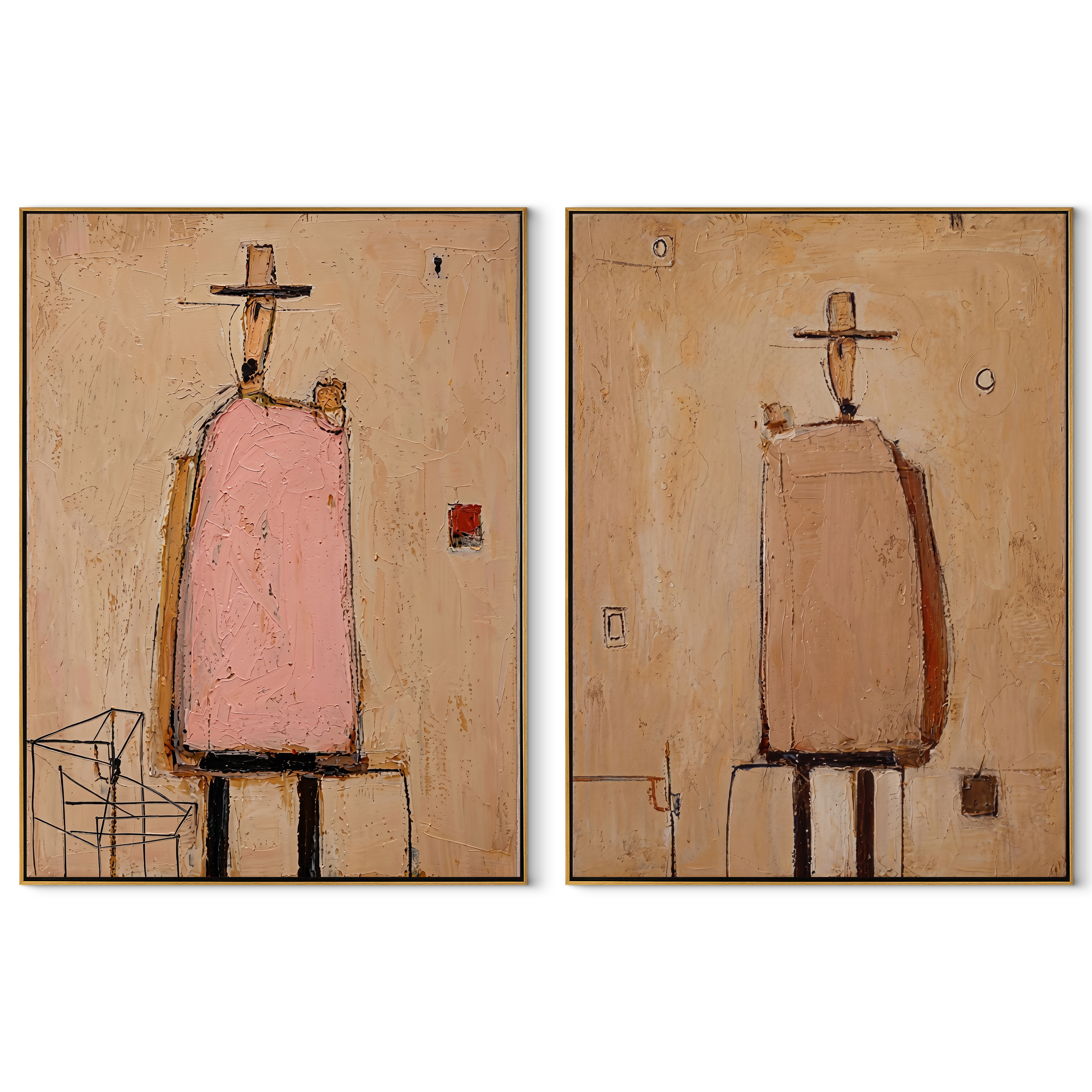 Chairs Hold Pink Silence - abstract seated figures by Elliot Vale, modern figurative set of 2 wall art - complete two-panel artwork set on white background