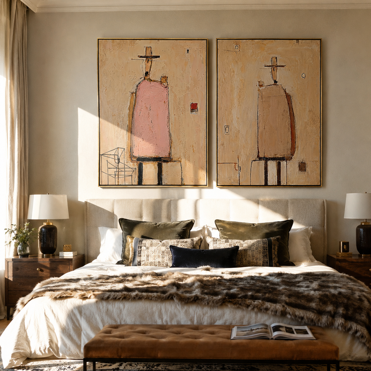 Chairs Hold Pink Silence - abstract seated figures by Elliot Vale, modern figurative set of 2 wall art - styled room scene view 2