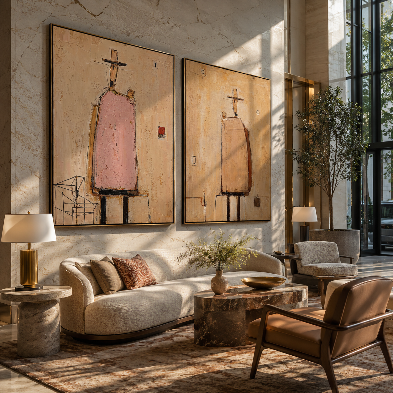 Chairs Hold Pink Silence - abstract seated figures by Elliot Vale, modern figurative set of 2 wall art - styled room scene view 3