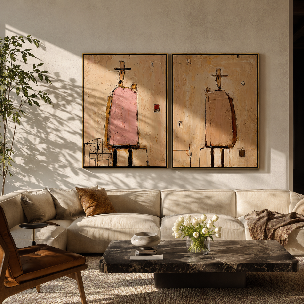 Chairs Hold Pink Silence - abstract seated figures by Elliot Vale, modern figurative set of 2 wall art - styled room scene view 4