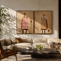 Chairs Hold Pink Silence - abstract seated figures by Elliot Vale, modern figurative set of 2 wall art - styled room scene view 4