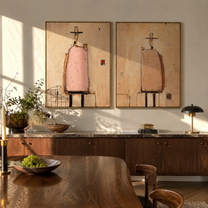 Chairs Hold Pink Silence - abstract seated figures by Elliot Vale, modern figurative set of 2 wall art - styled room scene view 5