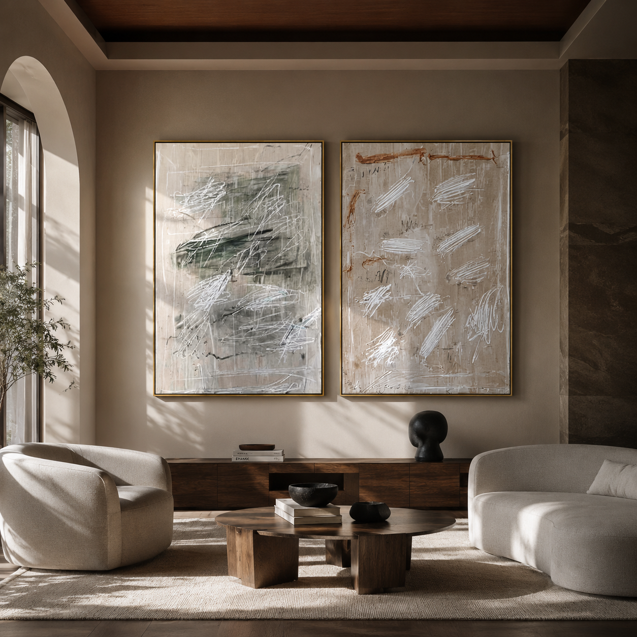 Two Fields Erase Form - abstract gestural texture by Elliot Vale, modern figurative set of 2 wall art - styled room scene view 1