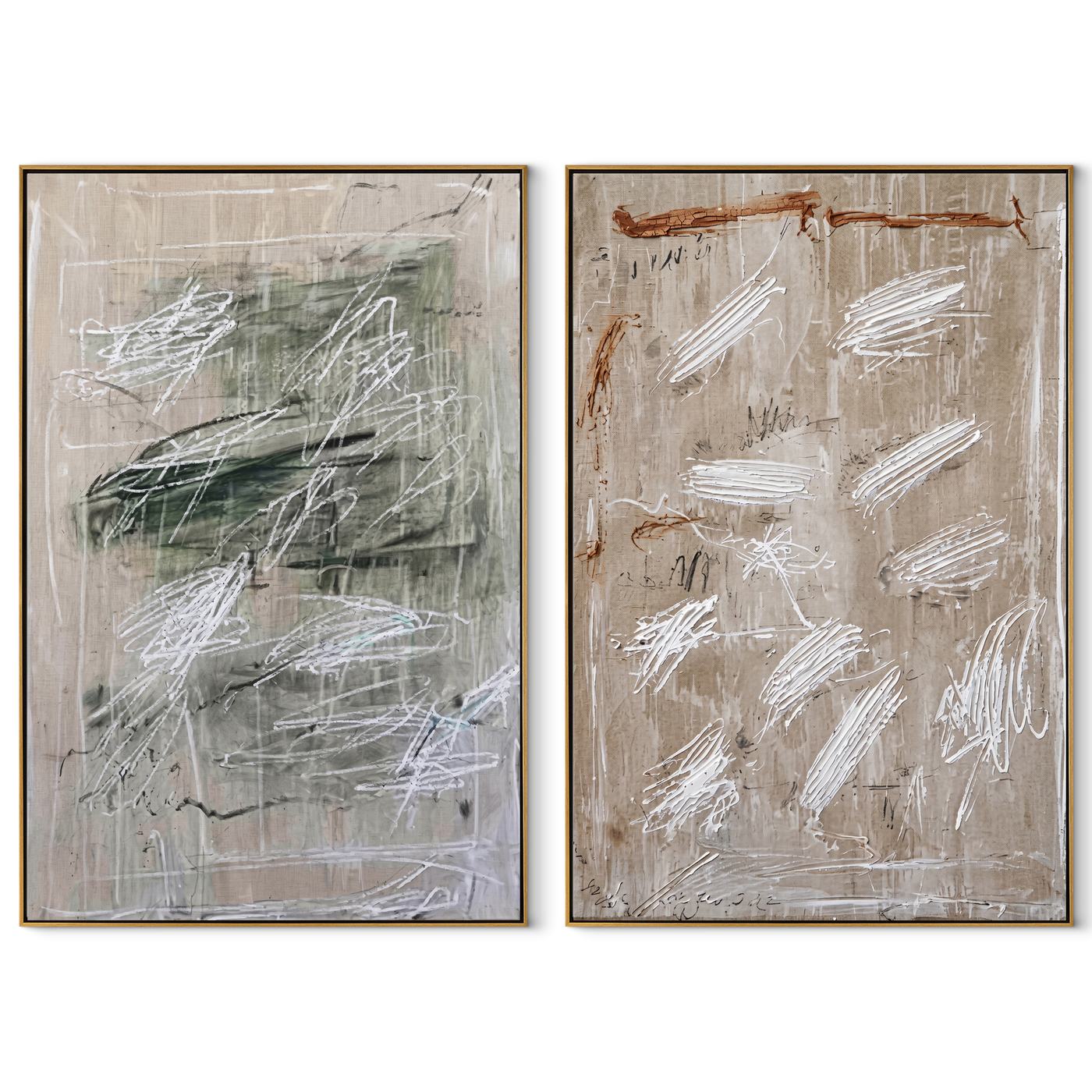 Two Fields Erase Form - abstract gestural texture by Elliot Vale, modern figurative set of 2 wall art - complete two-panel artwork set on white background