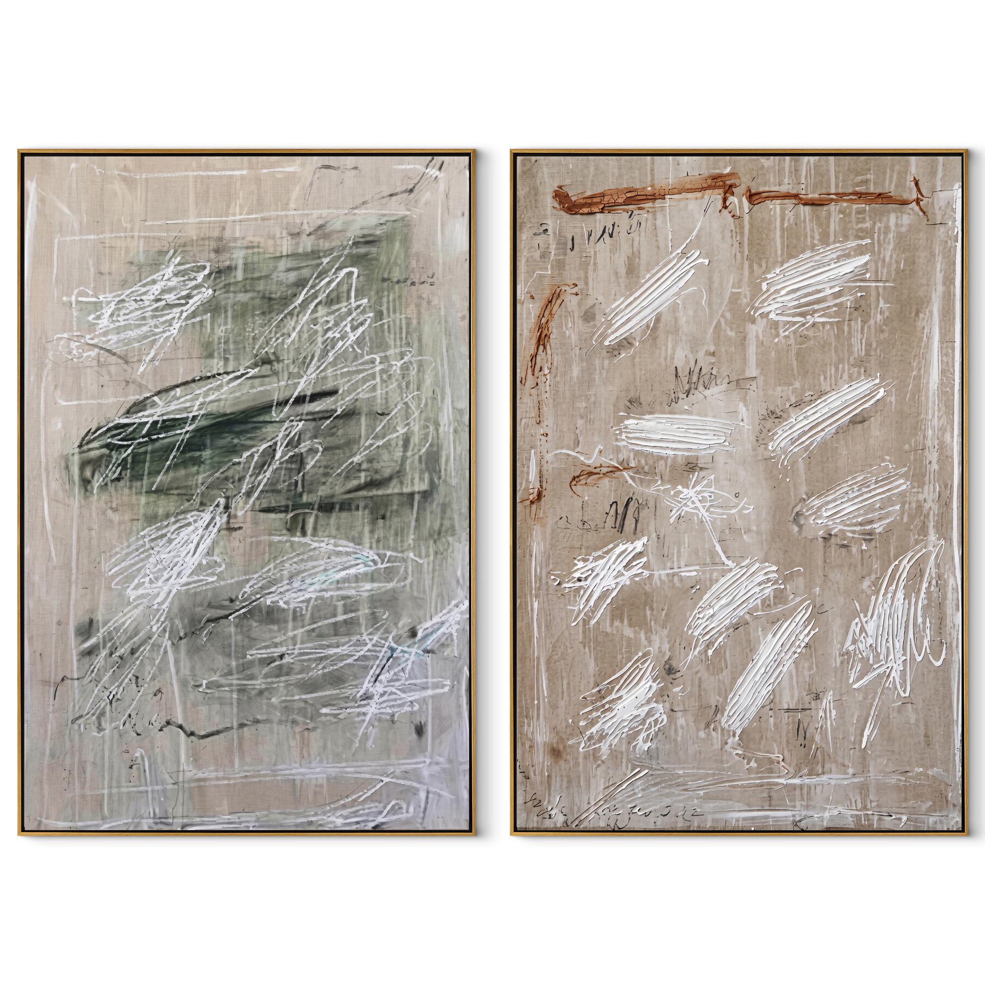Two Fields Erase Form - abstract gestural texture by Elliot Vale, modern figurative set of 2 wall art - complete two-panel artwork set on white background