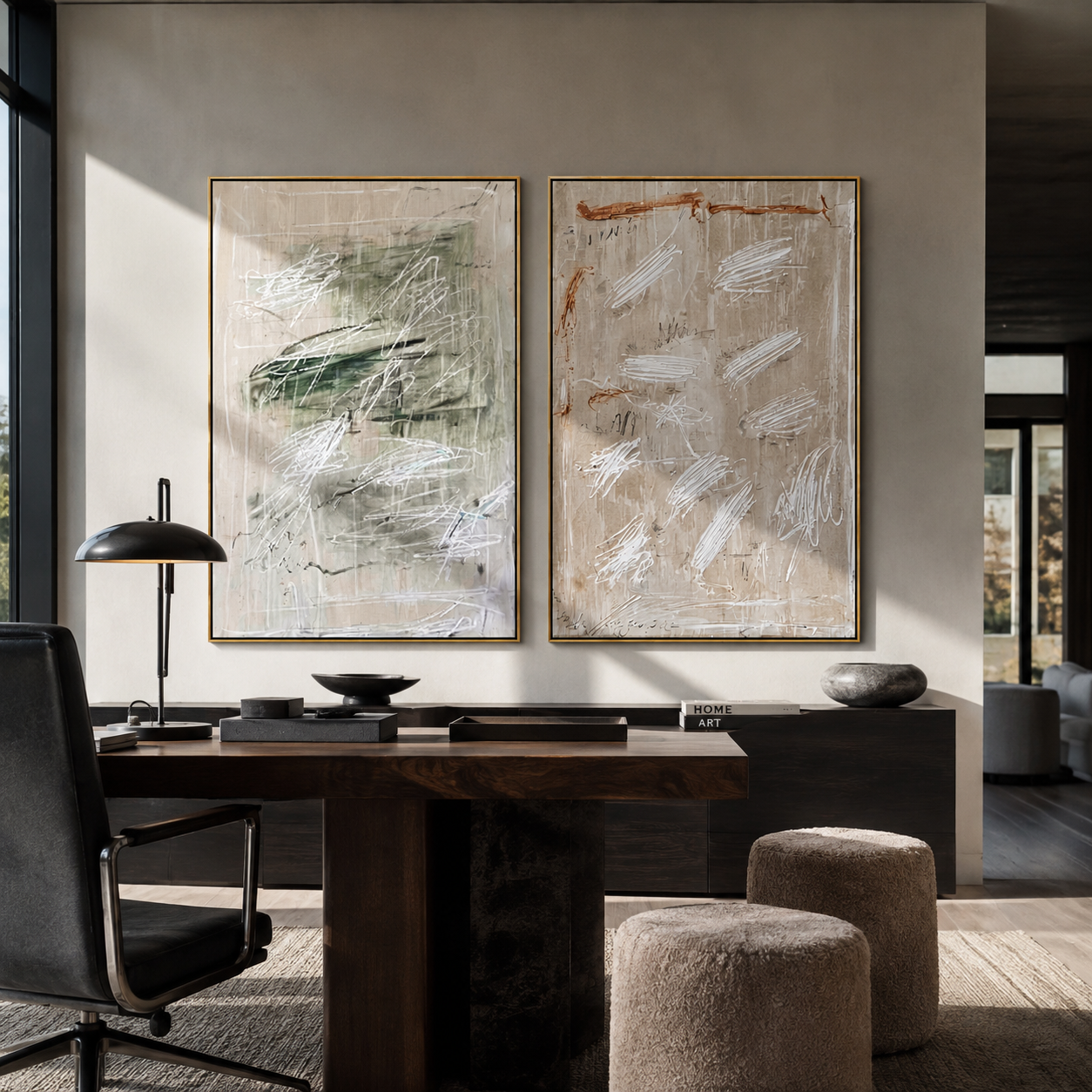 Two Fields Erase Form - abstract gestural texture by Elliot Vale, modern figurative set of 2 wall art - styled room scene view 2