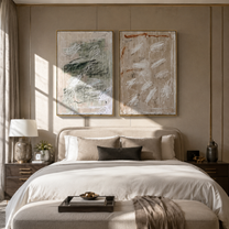Two Fields Erase Form - abstract gestural texture by Elliot Vale, modern figurative set of 2 wall art - styled room scene view 3