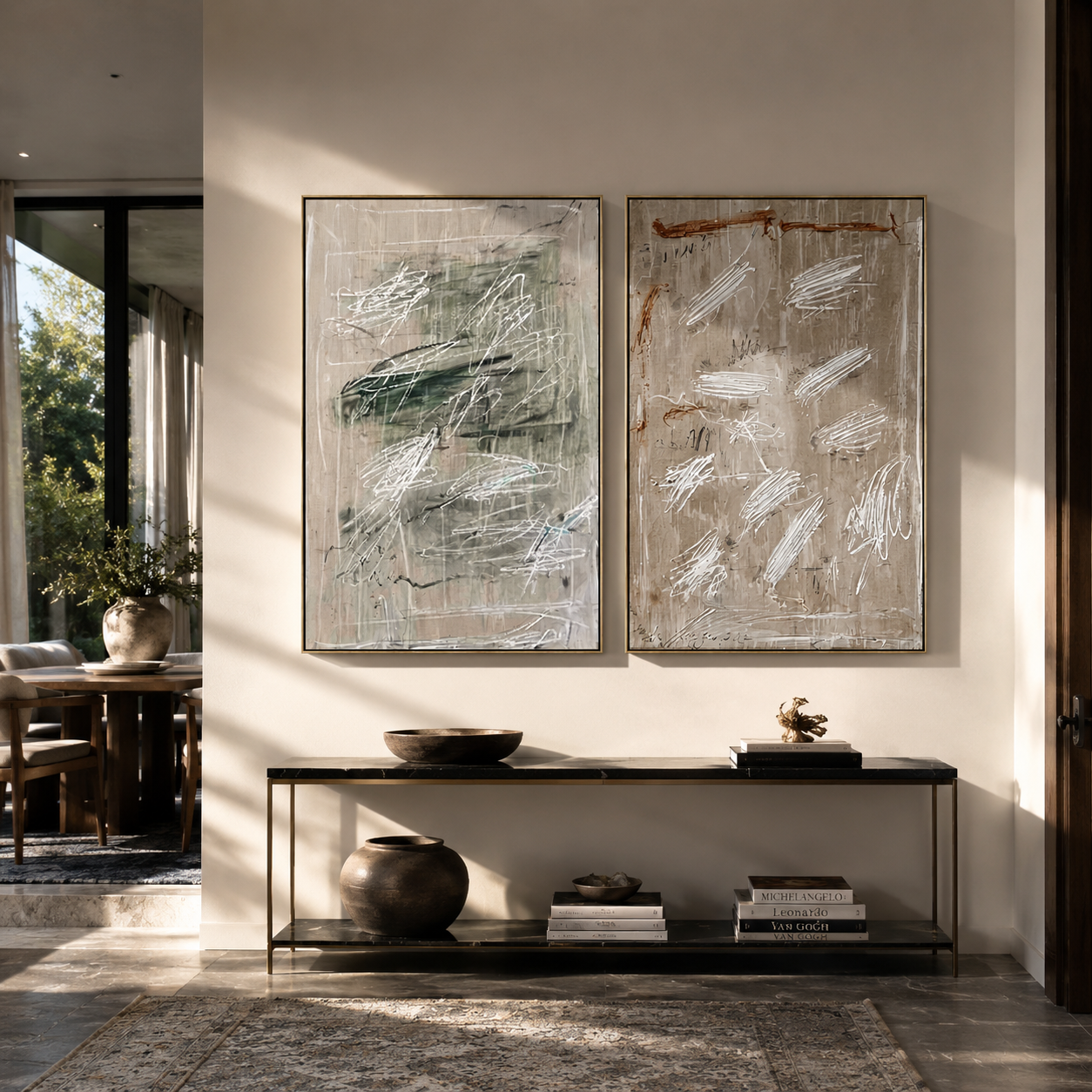 Two Fields Erase Form - abstract gestural texture by Elliot Vale, modern figurative set of 2 wall art - styled room scene view 4