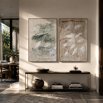 Two Fields Erase Form - abstract gestural texture by Elliot Vale, modern figurative set of 2 wall art - styled room scene view 4