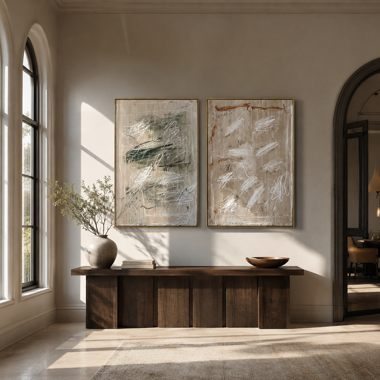 Two Fields Erase Form - abstract gestural texture by Elliot Vale, modern figurative set of 2 wall art - styled room scene view 5