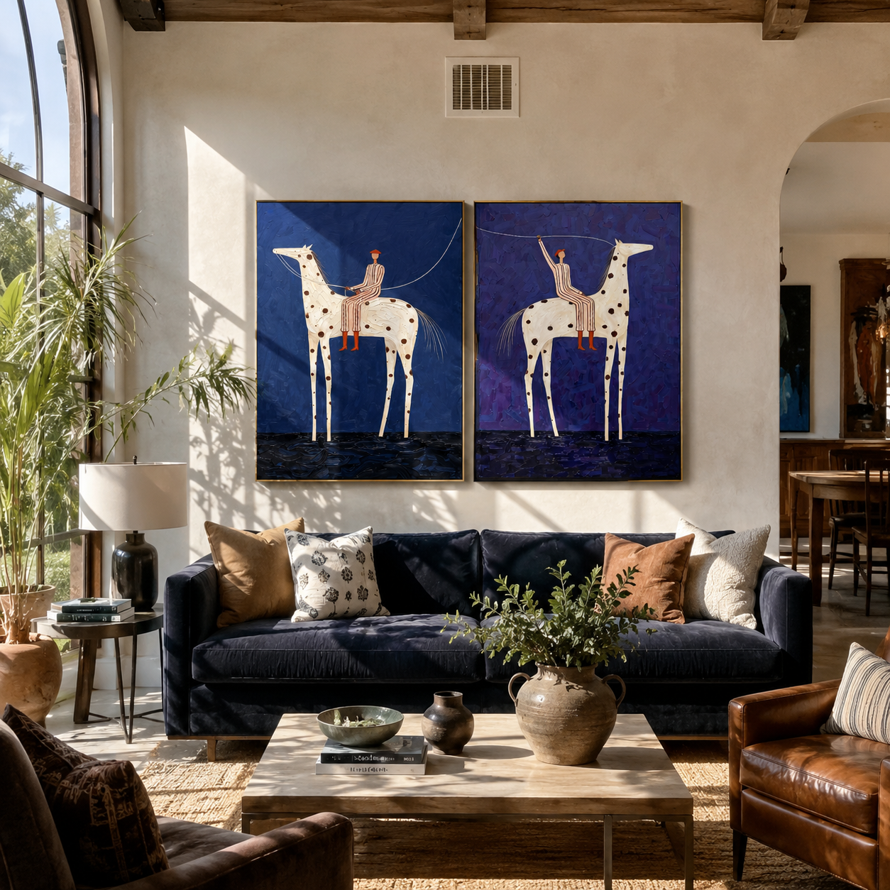 Spotted Riders Cross Blue - blue spotted horse riders by Elliot Vale, modern figurative set of 2 wall art - styled room scene view 1