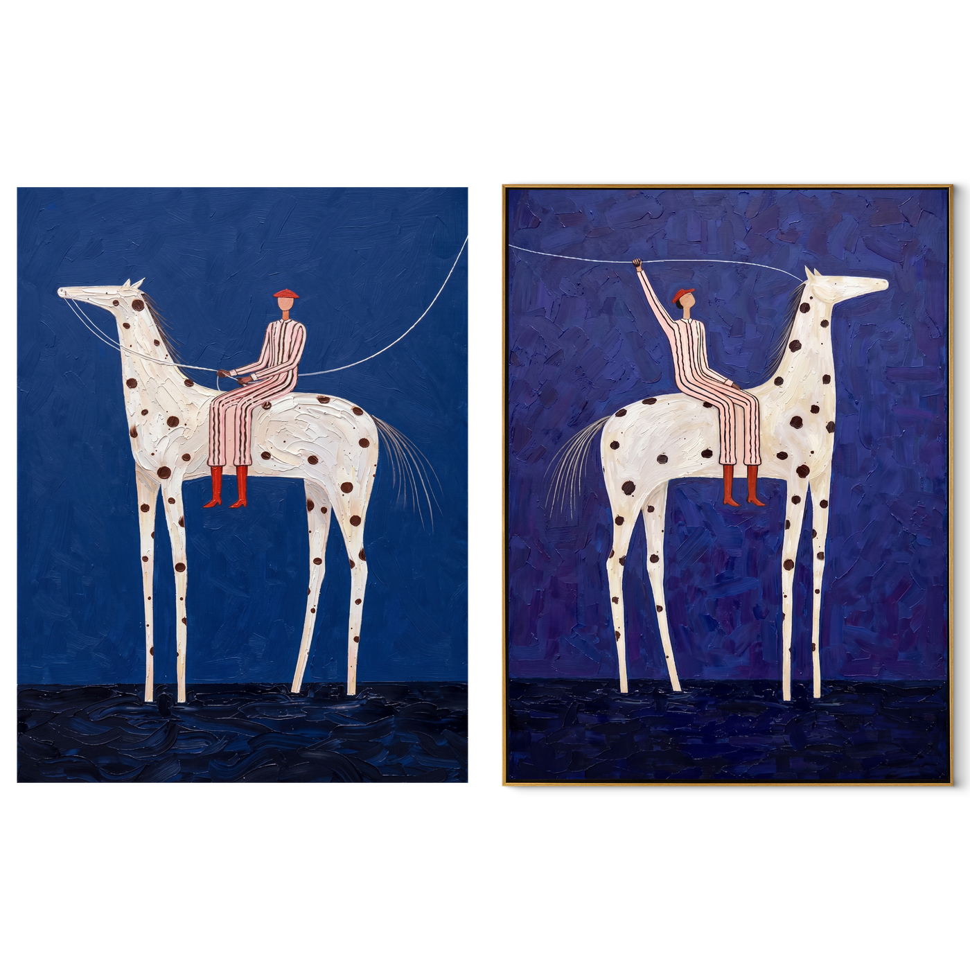Spotted Riders Cross Blue - blue spotted horse riders by Elliot Vale, modern figurative set of 2 wall art - complete two-panel artwork set on white background