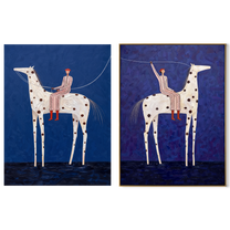 Spotted Riders Cross Blue - blue spotted horse riders by Elliot Vale, modern figurative set of 2 wall art - complete two-panel artwork set on white background
