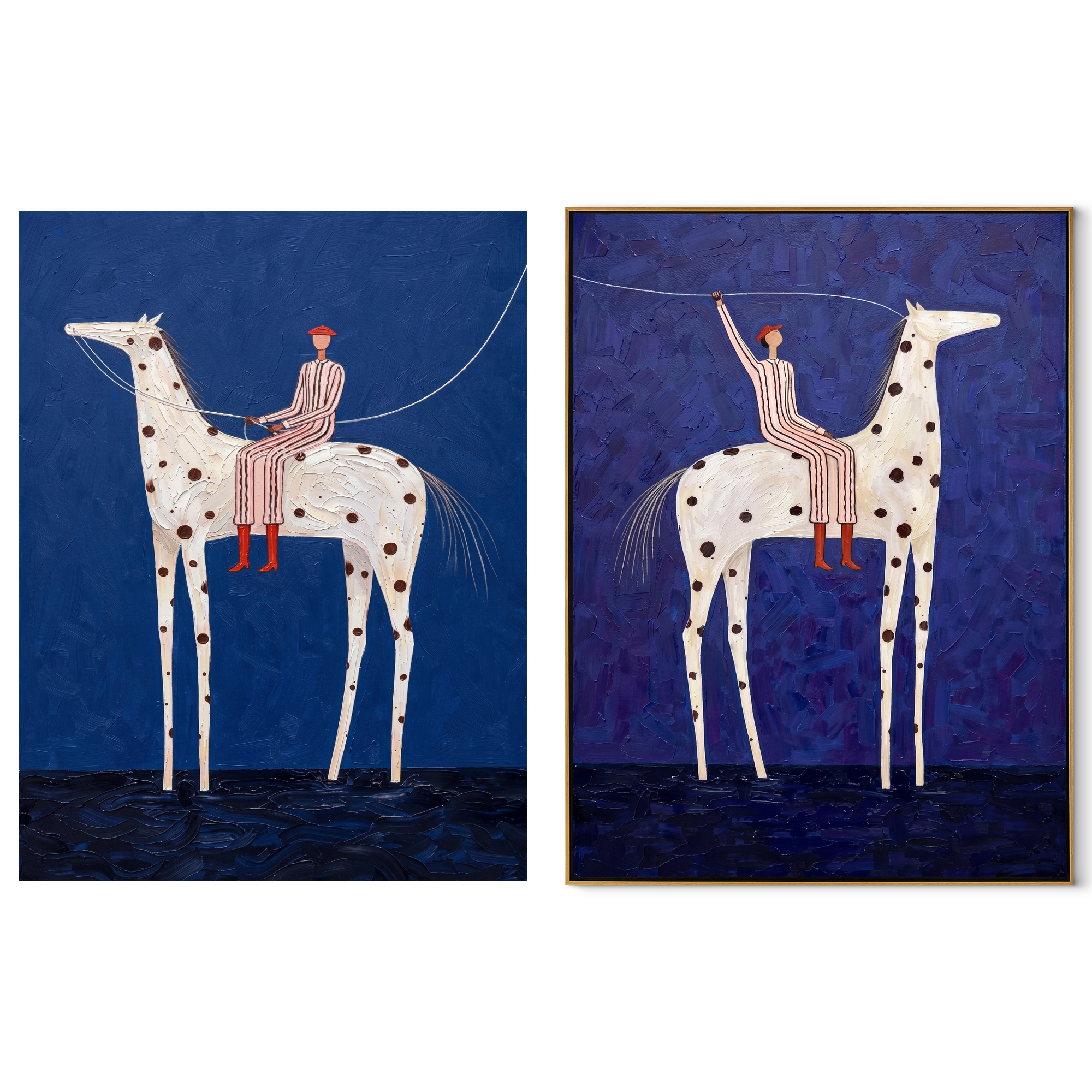Spotted Riders Cross Blue - blue spotted horse riders by Elliot Vale, modern figurative set of 2 wall art - complete two-panel artwork set on white background