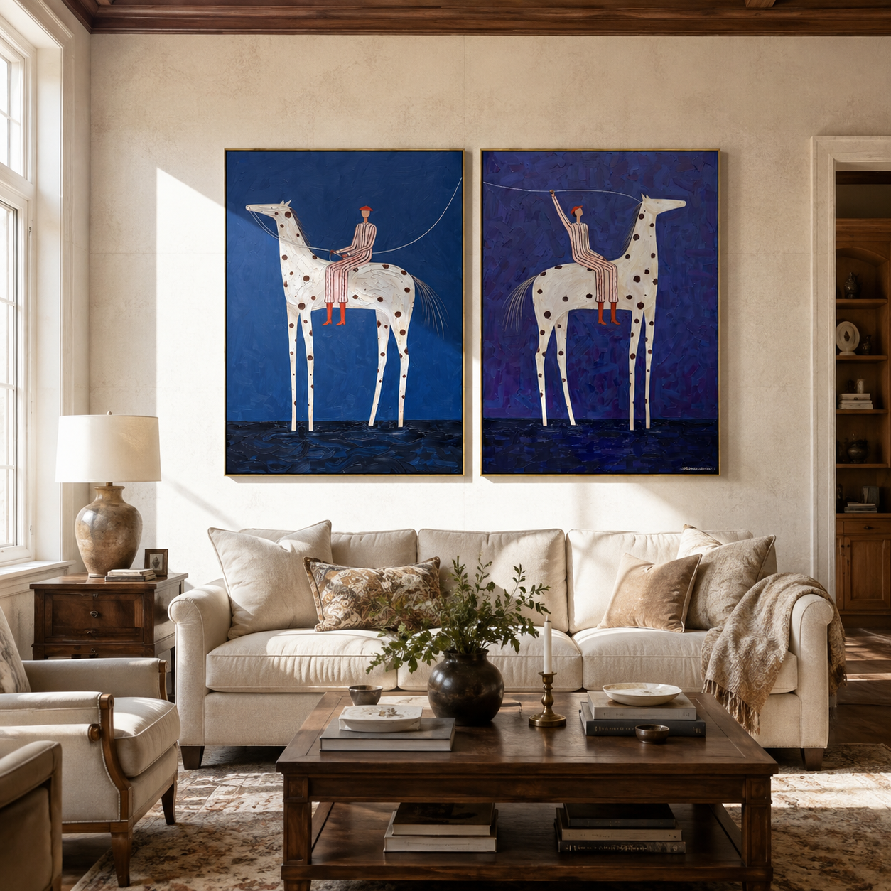 Spotted Riders Cross Blue - blue spotted horse riders by Elliot Vale, modern figurative set of 2 wall art - styled room scene view 2