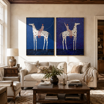 Spotted Riders Cross Blue - blue spotted horse riders by Elliot Vale, modern figurative set of 2 wall art - styled room scene view 2
