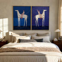 Spotted Riders Cross Blue - blue spotted horse riders by Elliot Vale, modern figurative set of 2 wall art - styled room scene view 3