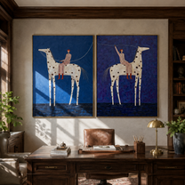 Spotted Riders Cross Blue - blue spotted horse riders by Elliot Vale, modern figurative set of 2 wall art - styled room scene view 4