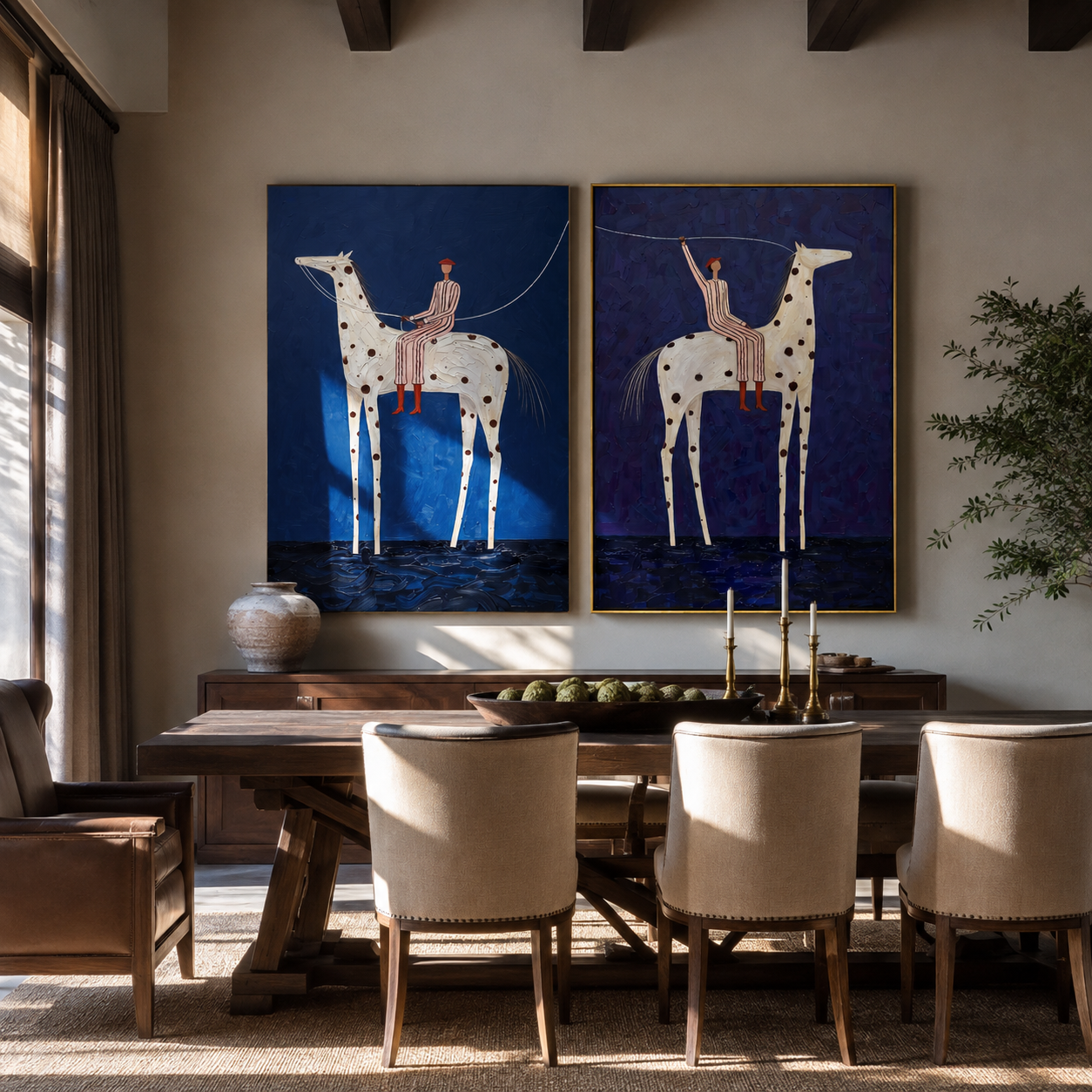 Spotted Riders Cross Blue - blue spotted horse riders by Elliot Vale, modern figurative set of 2 wall art - styled room scene view 5