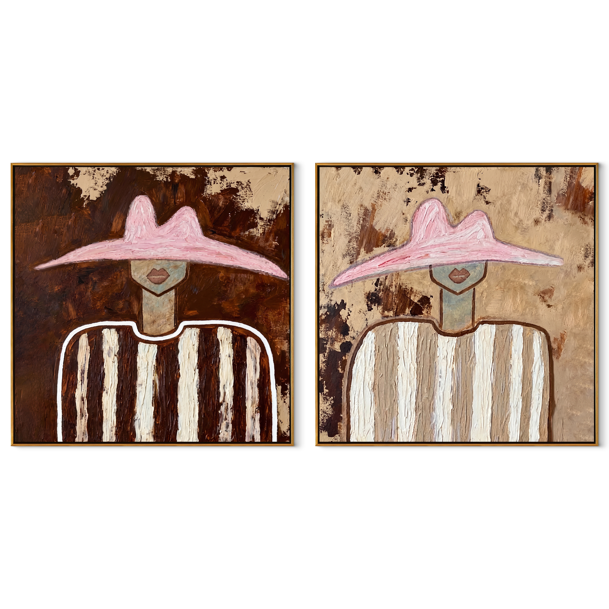 Brown White Stripes Return - earthy hat portrait by Elliot Vale, modern figurative set of 2 wall art - complete two-panel artwork set on white background