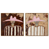 Brown White Stripes Return - earthy hat portrait by Elliot Vale, modern figurative set of 2 wall art - complete two-panel artwork set on white background