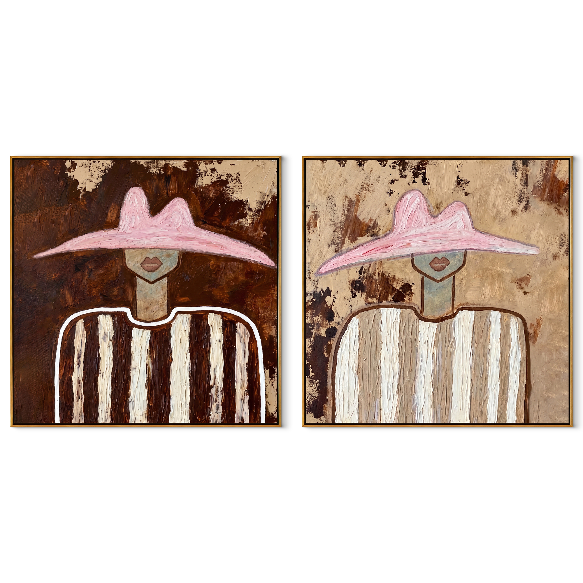Brown White Stripes Return - earthy hat portrait by Elliot Vale, modern figurative set of 2 wall art - complete two-panel artwork set on white background