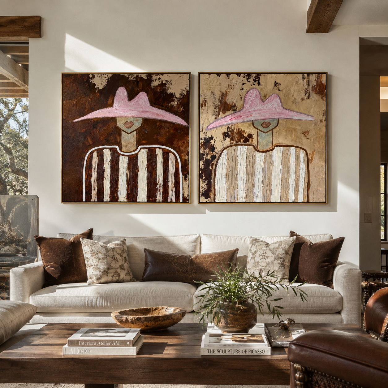 Brown White Stripes Return - earthy hat portrait by Elliot Vale, modern figurative set of 2 wall art - styled room scene view 3