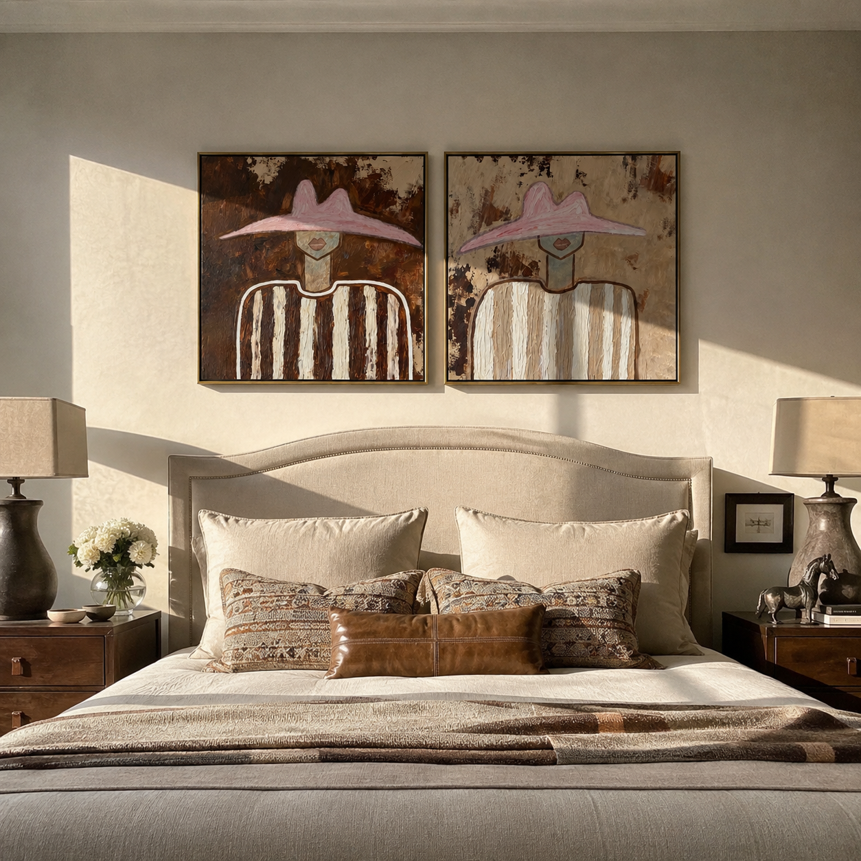 Brown White Stripes Return - earthy hat portrait by Elliot Vale, modern figurative set of 2 wall art - styled room scene view 4