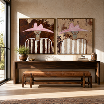 Brown White Stripes Return - earthy hat portrait by Elliot Vale, modern figurative set of 2 wall art - styled room scene view 5
