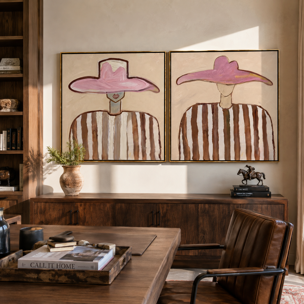 Pink Hats Keep Rhythm - paired pink hat portrait by Elliot Vale, modern figurative set of 2 wall art - styled room scene view 1