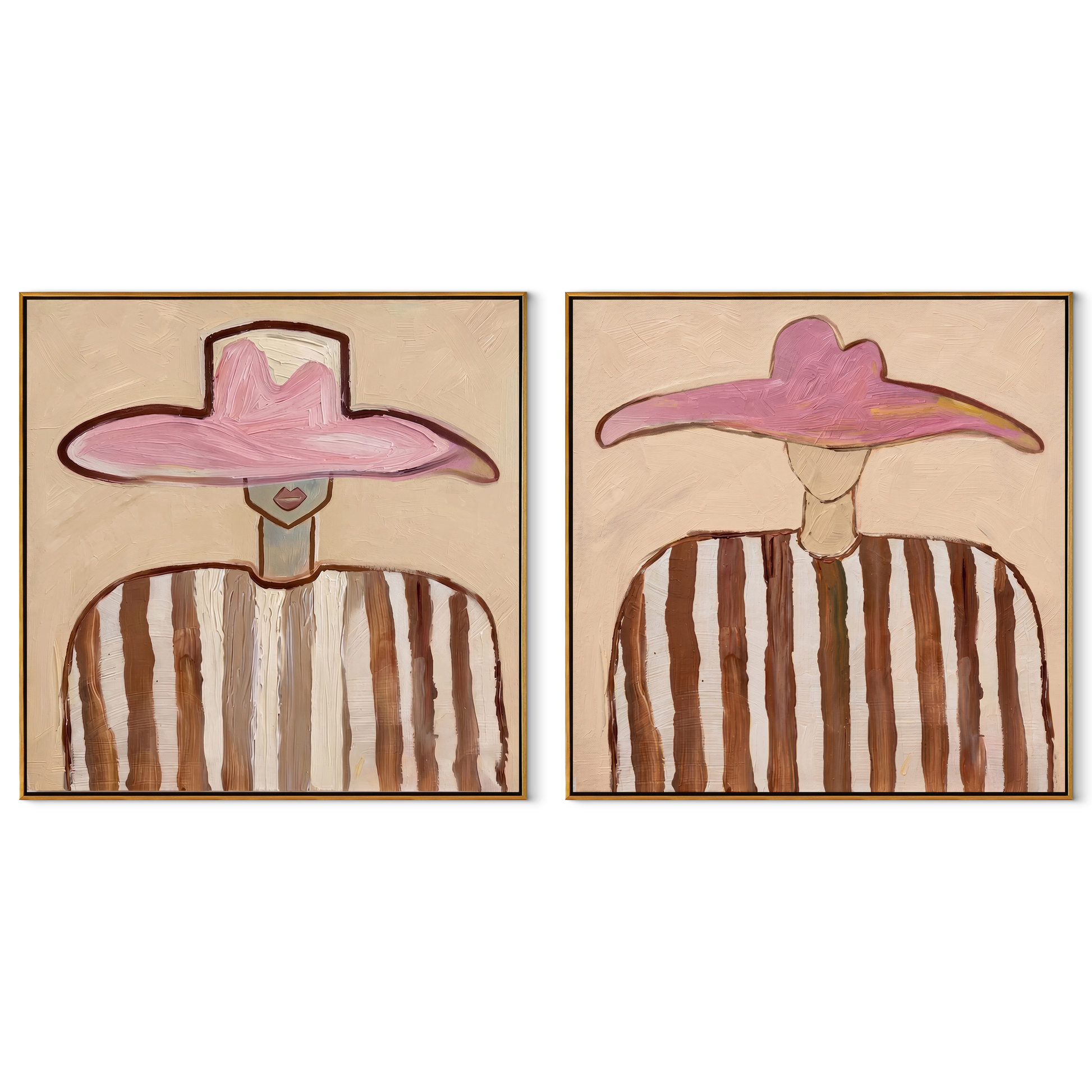 Pink Hats Keep Rhythm - paired pink hat portrait by Elliot Vale, modern figurative set of 2 wall art - complete two-panel artwork set on white background