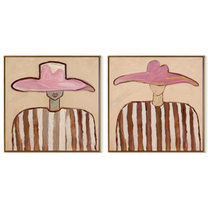 Pink Hats Keep Rhythm - paired pink hat portrait by Elliot Vale, modern figurative set of 2 wall art - complete two-panel artwork set on white background