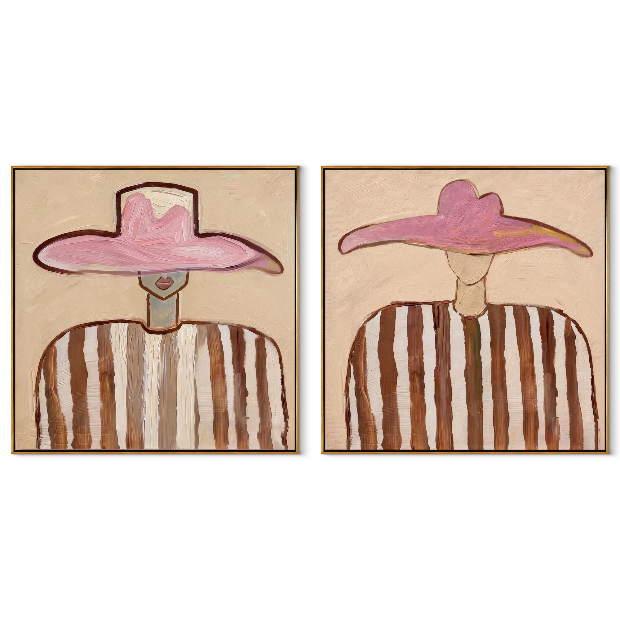 Pink Hats Keep Rhythm - paired pink hat portrait by Elliot Vale, modern figurative set of 2 wall art - complete two-panel artwork set on white background