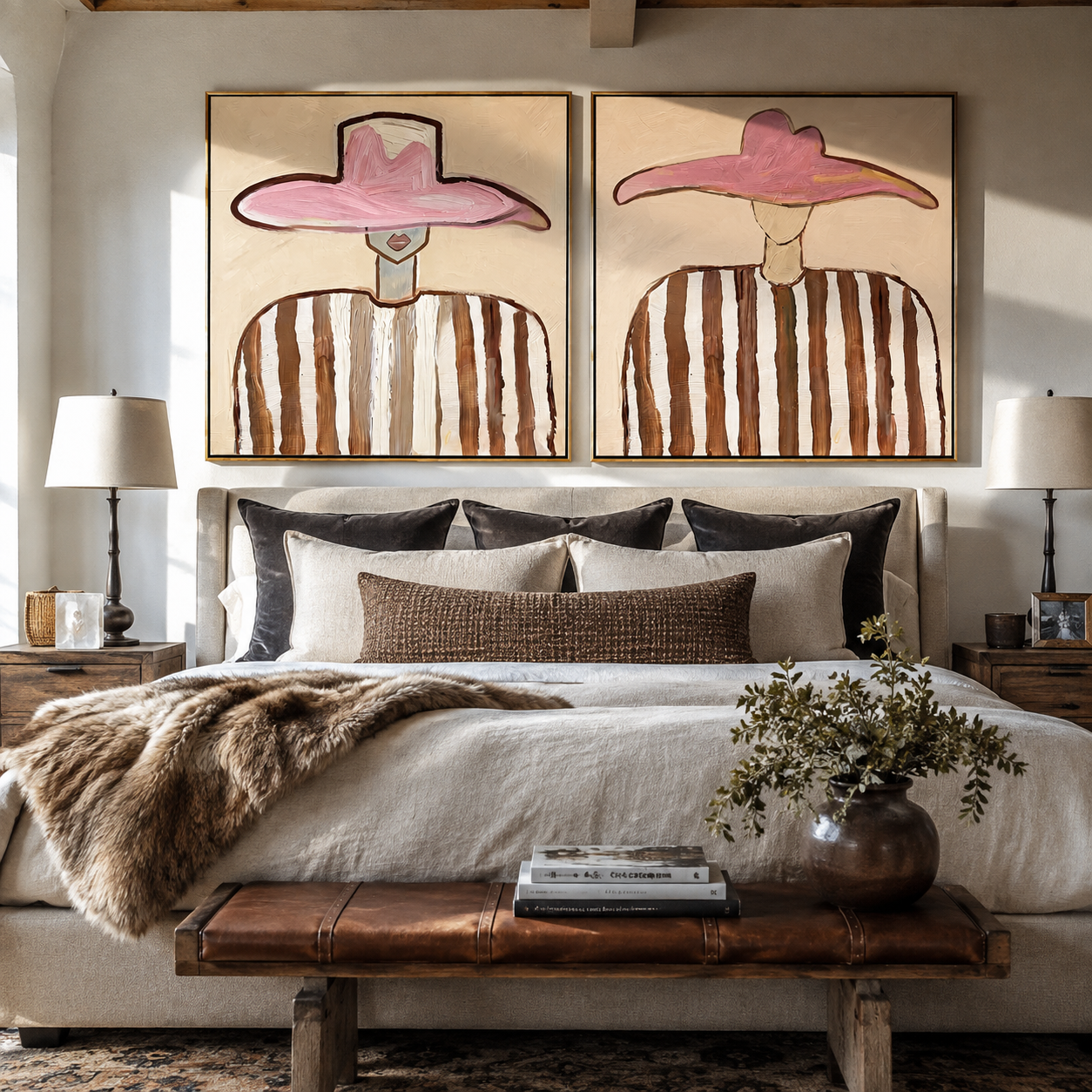 Pink Hats Keep Rhythm - paired pink hat portrait by Elliot Vale, modern figurative set of 2 wall art - styled room scene view 3