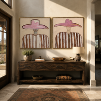 Pink Hats Keep Rhythm - paired pink hat portrait by Elliot Vale, modern figurative set of 2 wall art - styled room scene view 4