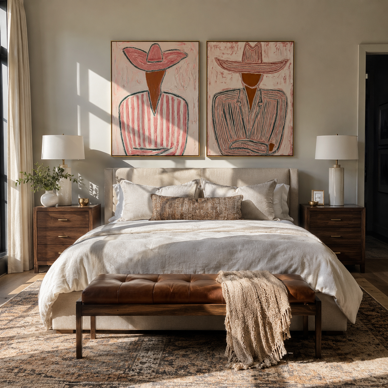 Two Lines Hold Hats - linear Western figures by Elliot Vale, modern figurative set of 2 wall art - styled room scene view 1
