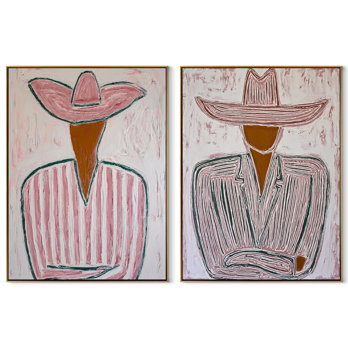 Two Lines Hold Hats - linear Western figures by Elliot Vale, modern figurative set of 2 wall art - complete two-panel artwork set on white background