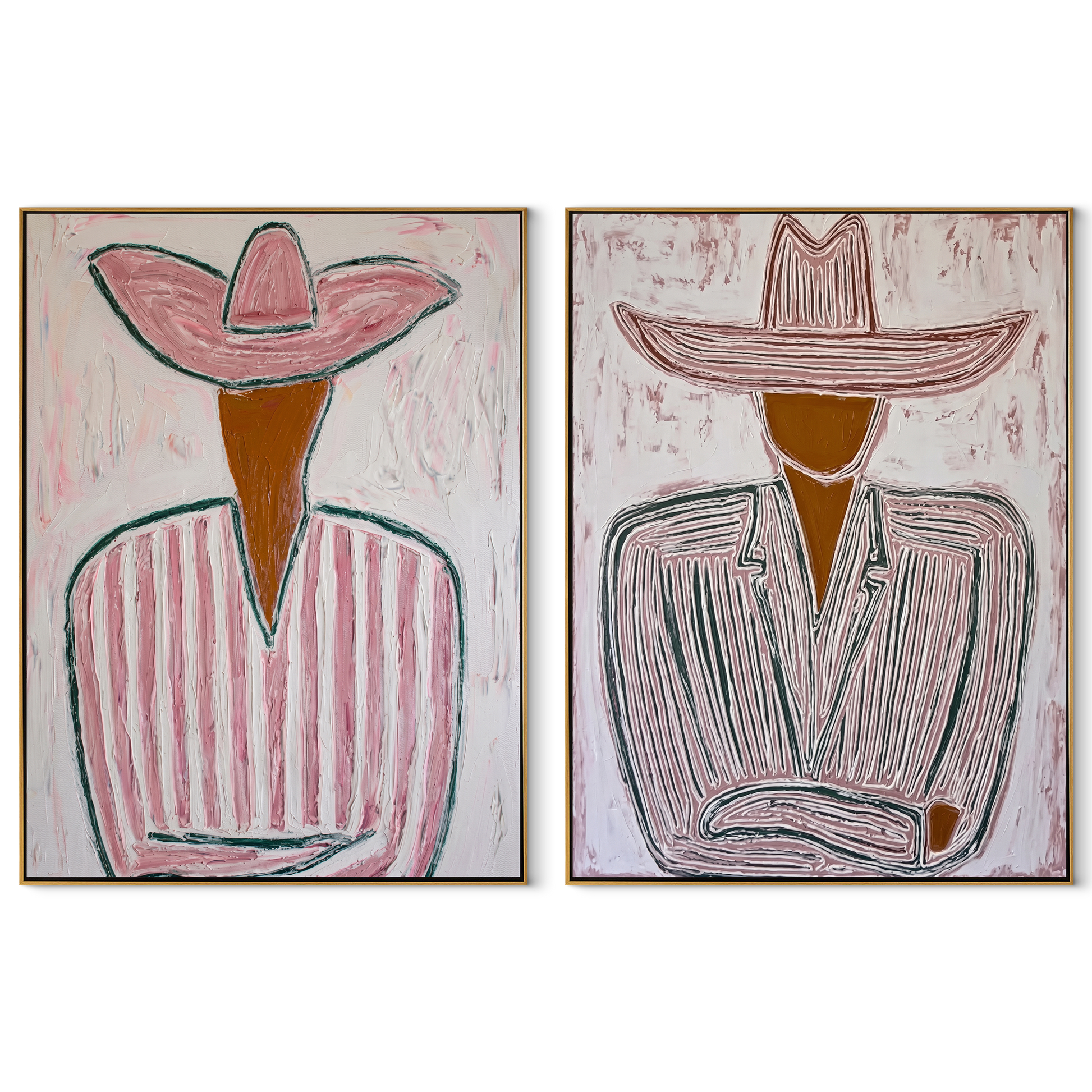 Two Lines Hold Hats - linear Western figures by Elliot Vale, modern figurative set of 2 wall art - complete two-panel artwork set on white background