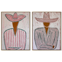 Two Lines Hold Hats - linear Western figures by Elliot Vale, modern figurative set of 2 wall art - complete two-panel artwork set on white background