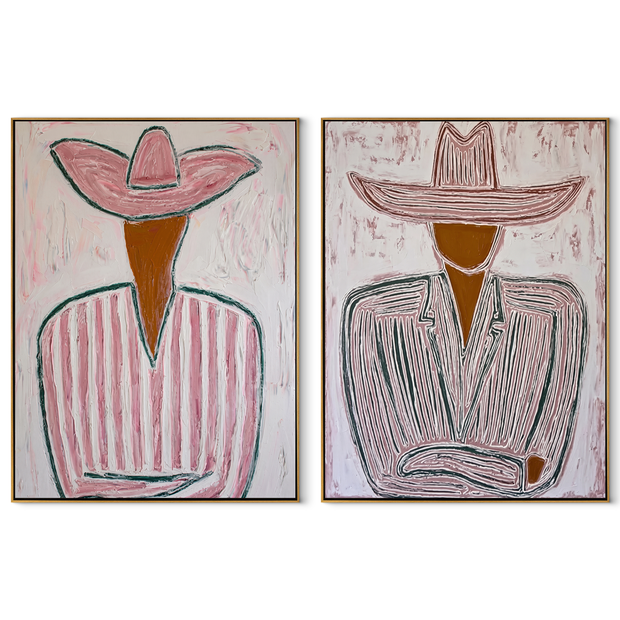 Two Lines Hold Hats - linear Western figures by Elliot Vale, modern figurative set of 2 wall art - complete two-panel artwork set on white background