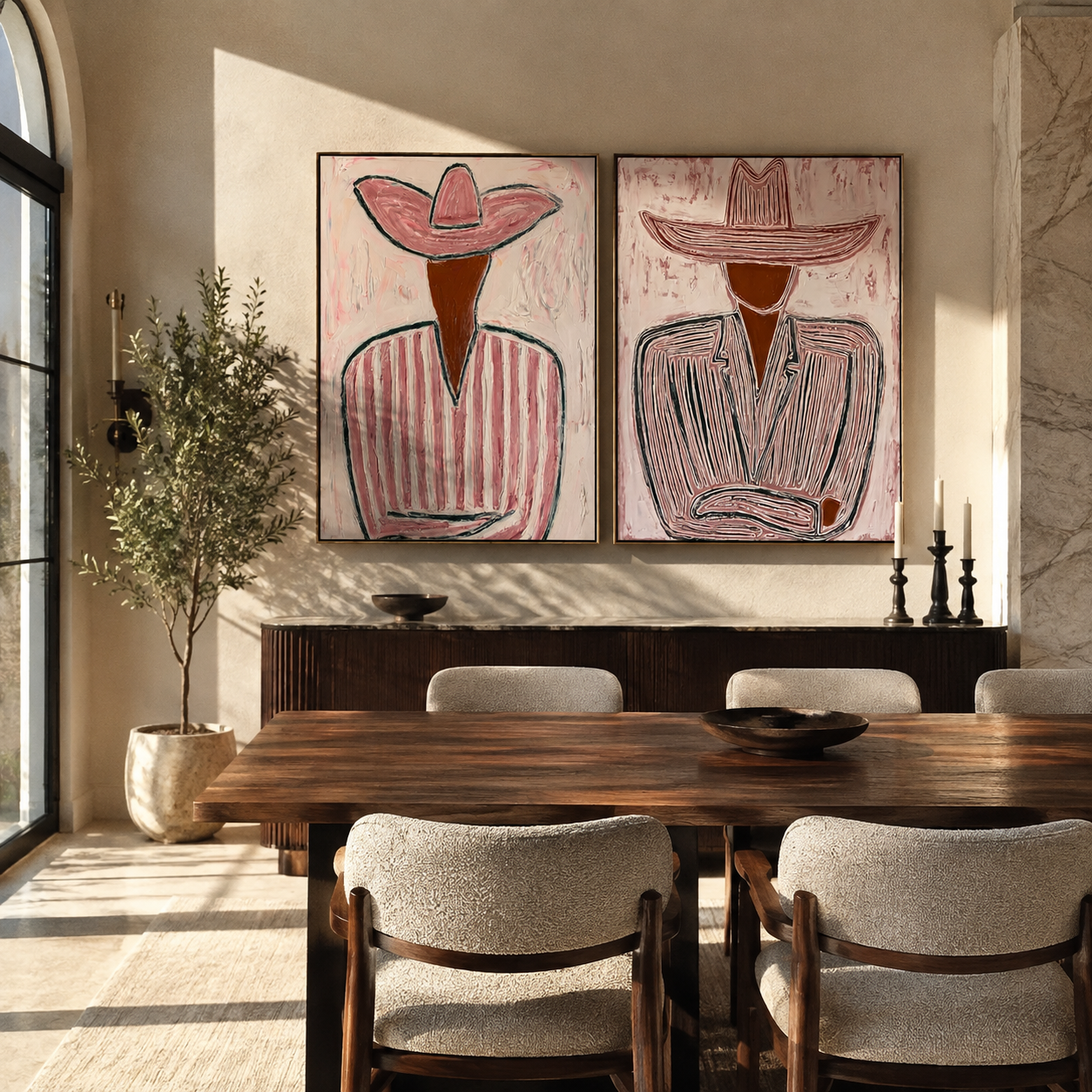 Two Lines Hold Hats - linear Western figures by Elliot Vale, modern figurative set of 2 wall art - styled room scene view 2