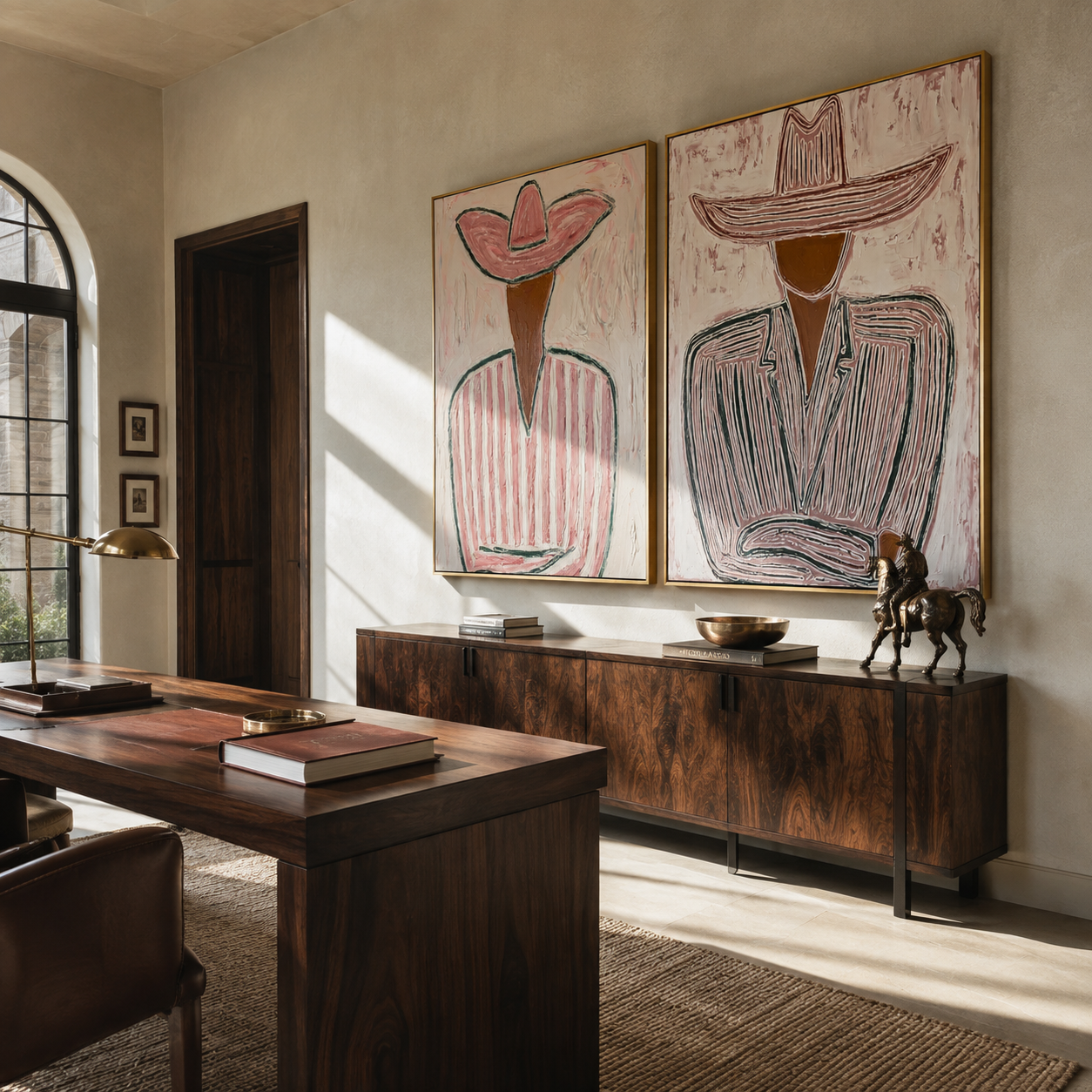 Two Lines Hold Hats - linear Western figures by Elliot Vale, modern figurative set of 2 wall art - styled room scene view 3