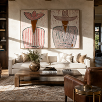 Two Lines Hold Hats - linear Western figures by Elliot Vale, modern figurative set of 2 wall art - styled room scene view 4