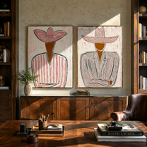 Two Lines Hold Hats - linear Western figures by Elliot Vale, modern figurative set of 2 wall art - styled room scene view 5