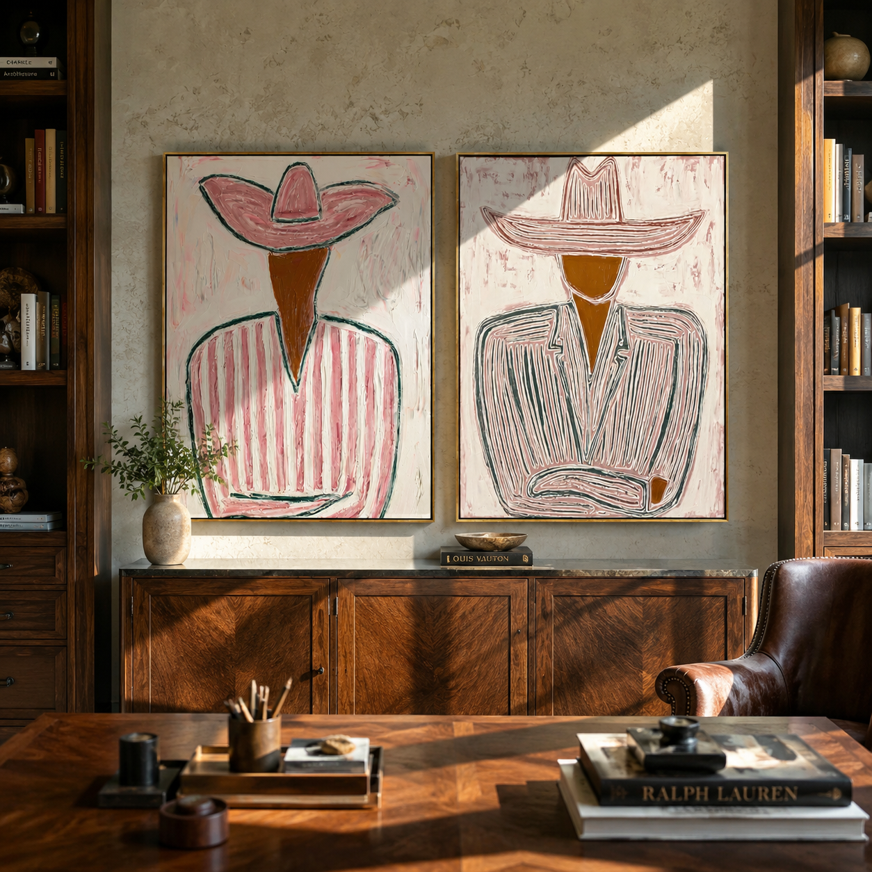 Two Lines Hold Hats - linear Western figures by Elliot Vale, modern figurative set of 2 wall art - styled room scene view 5