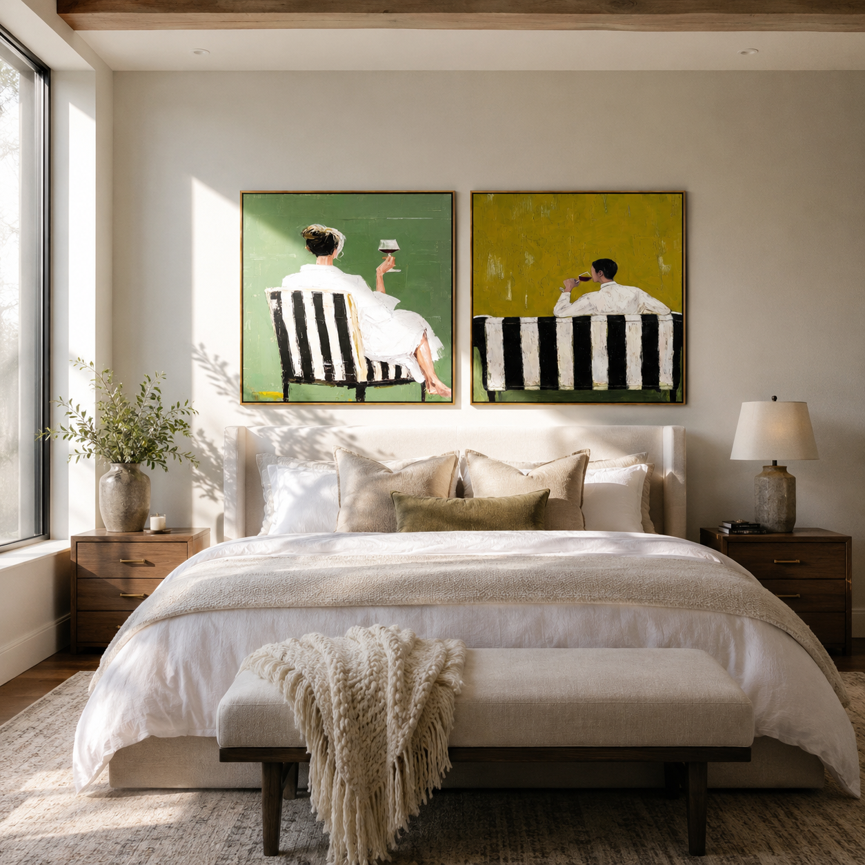 Cafe Backs Share Green - paired cafe scene by Elliot Vale, modern figurative set of 2 wall art - styled room scene view 1