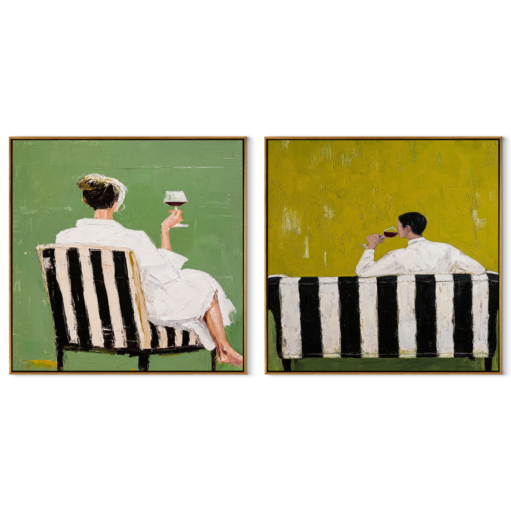 Cafe Backs Share Green - paired cafe scene by Elliot Vale, modern figurative set of 2 wall art - complete two-panel artwork set on white background
